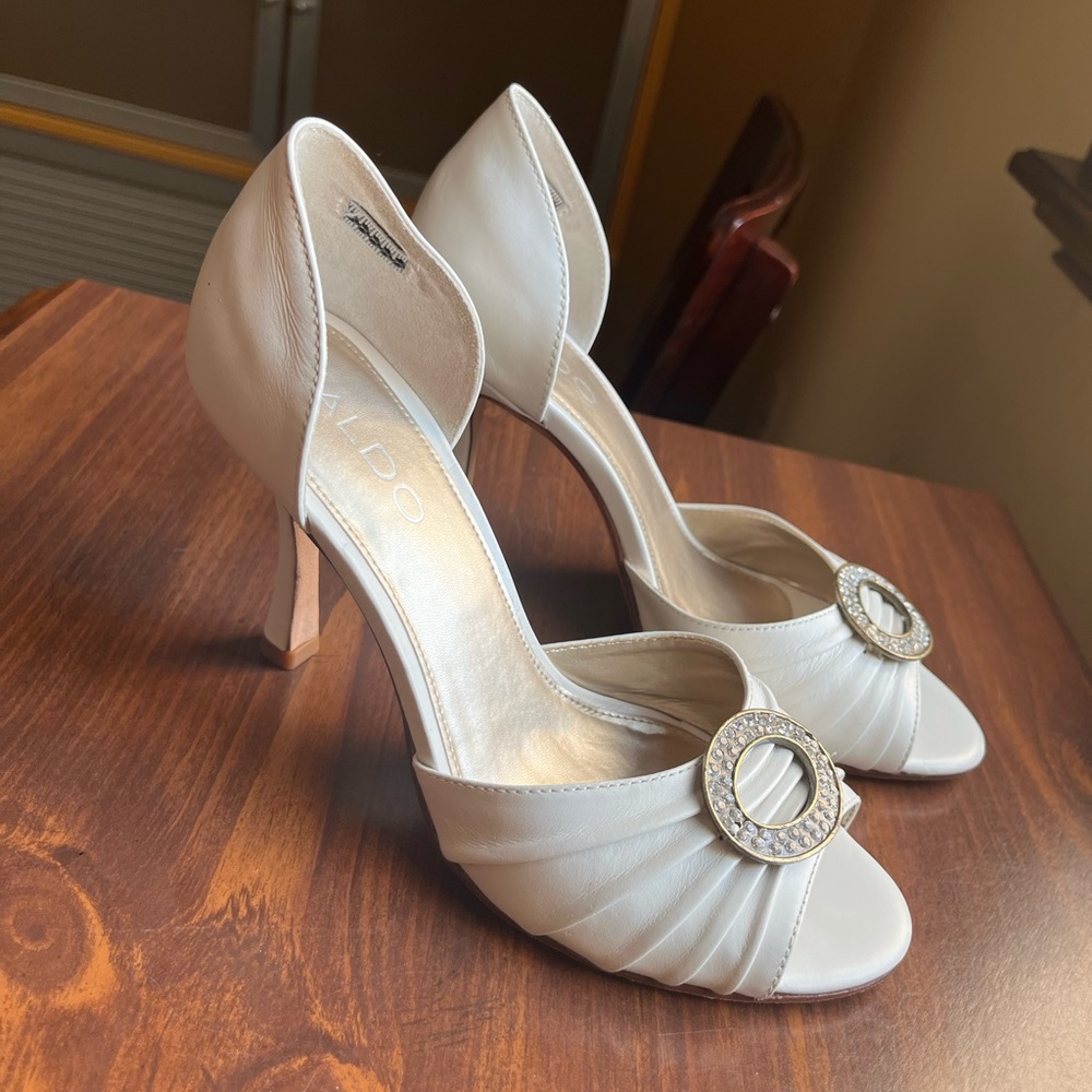 Aldo Cream Peep-Toe Heels with Embellished Buckle